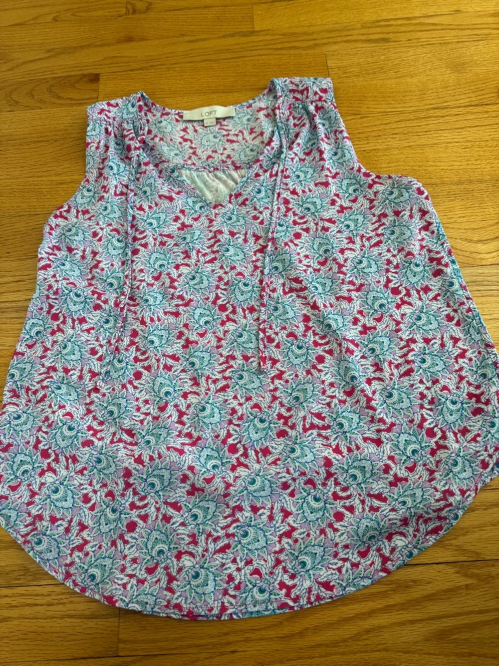 LOFT Pink Floral V-Neck Sleeveless Tank with Blue Accents